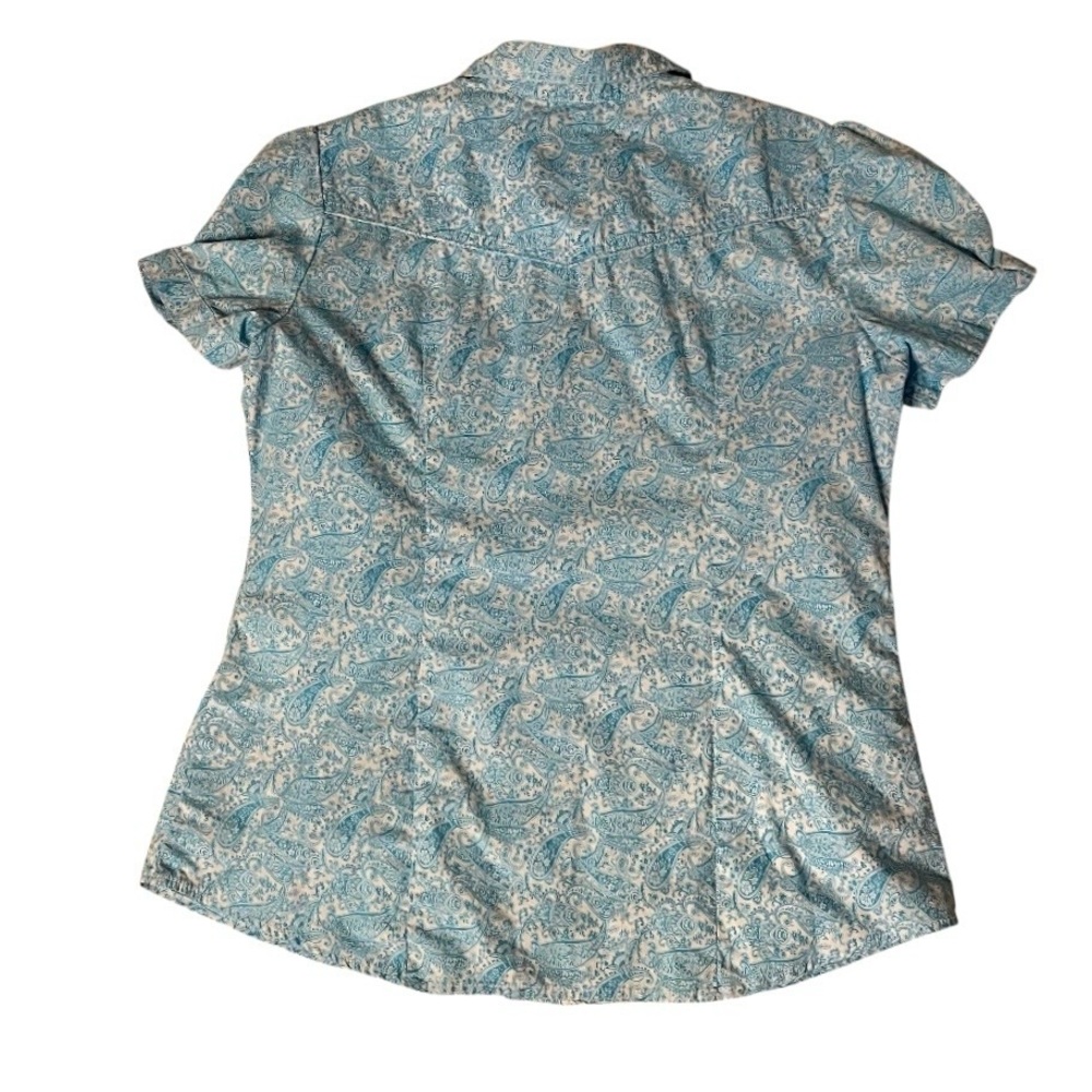 ROPER Blue Western Blouse Pearl Snaps Short Puff Sleeves Paisley Size Large - Picture 6 of 10